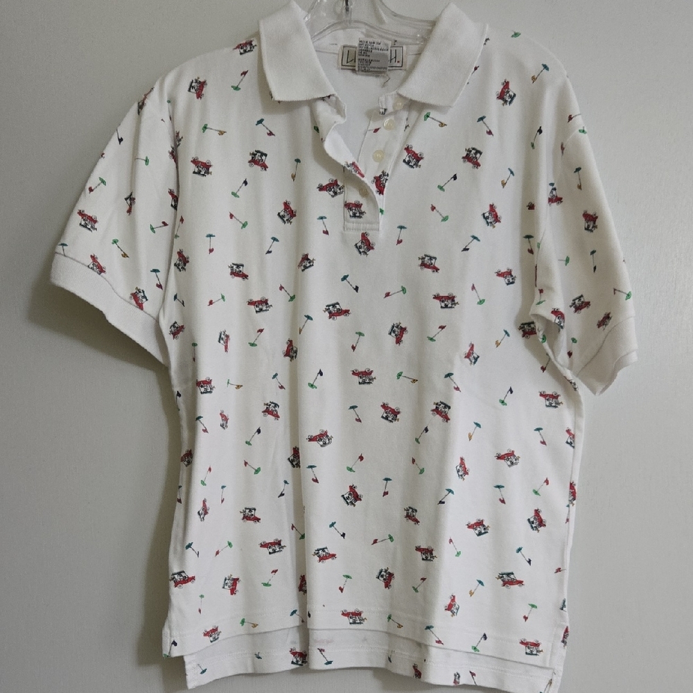 White Fitted Polo Top with Golf Print